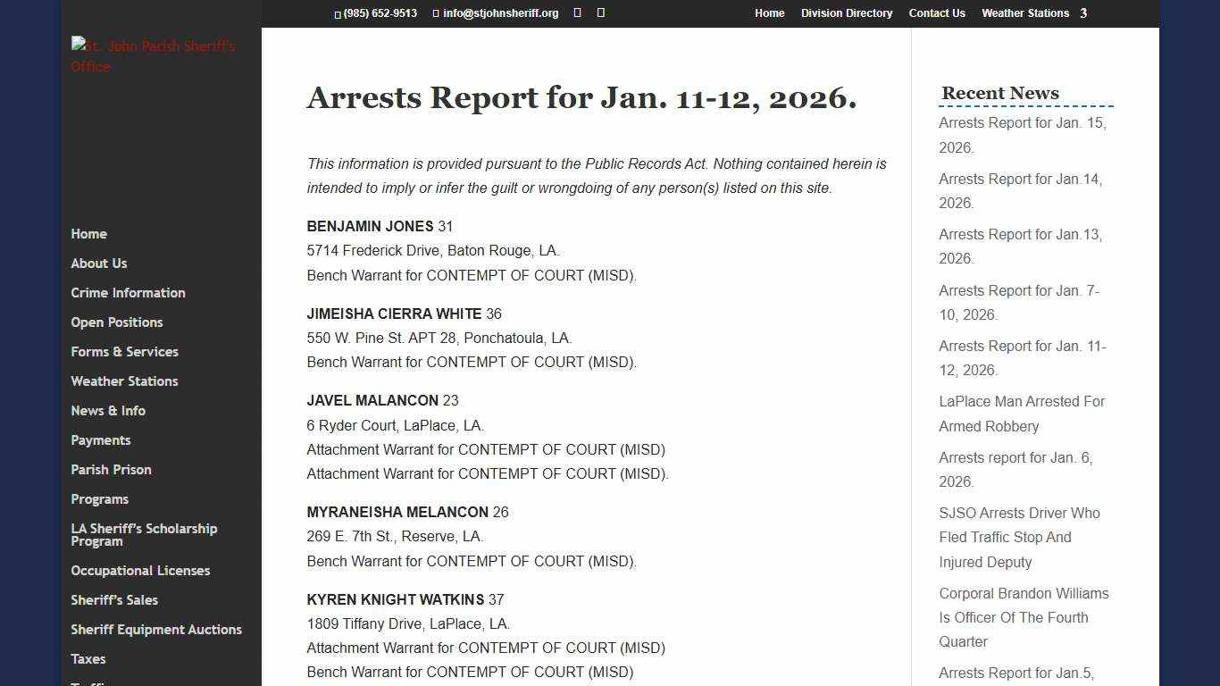 Arrests Report for Jan. 11-12, 2026. | St. John Parish Sheriff's Office