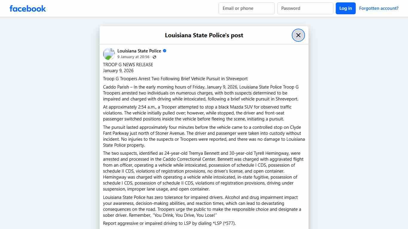 TROOP G NEWS RELEASE January 9,... - Louisiana State Police | Facebook