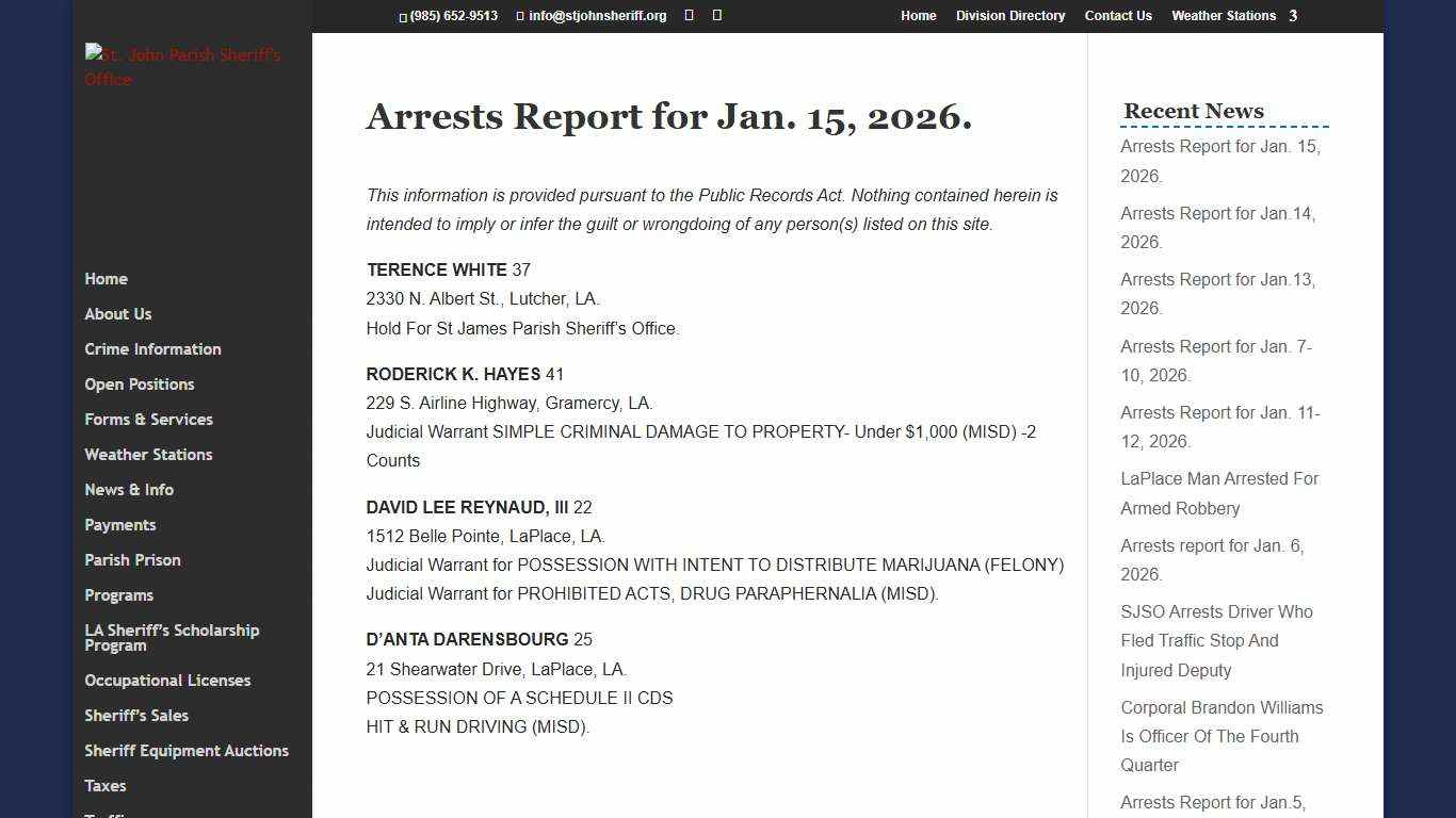Arrests Report for Jan. 15, 2026. | St. John Parish Sheriff's Office