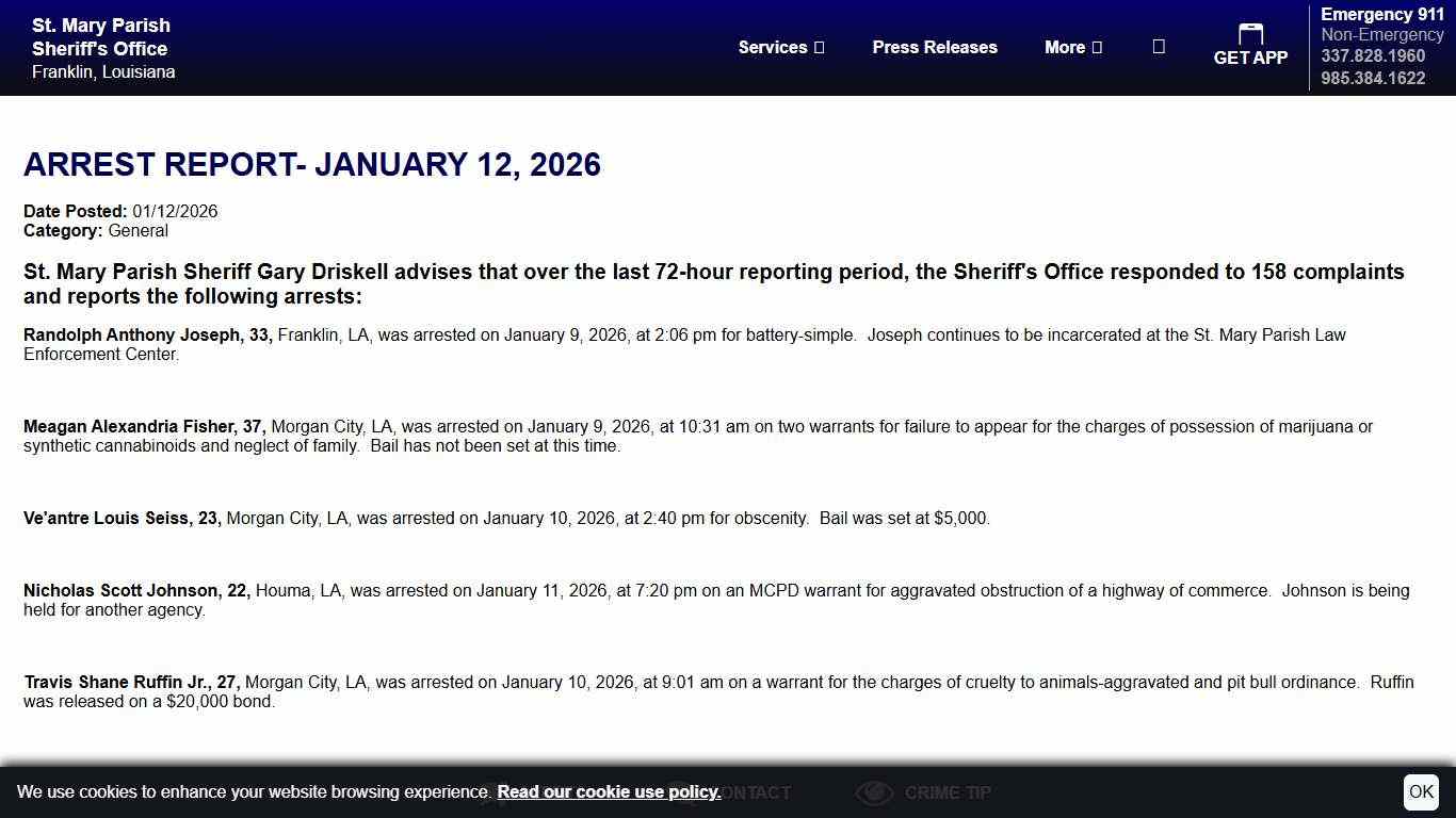 Arrest Report- January 12, 2026 | St. Mary Parish Sheriff's Office, Louisiana